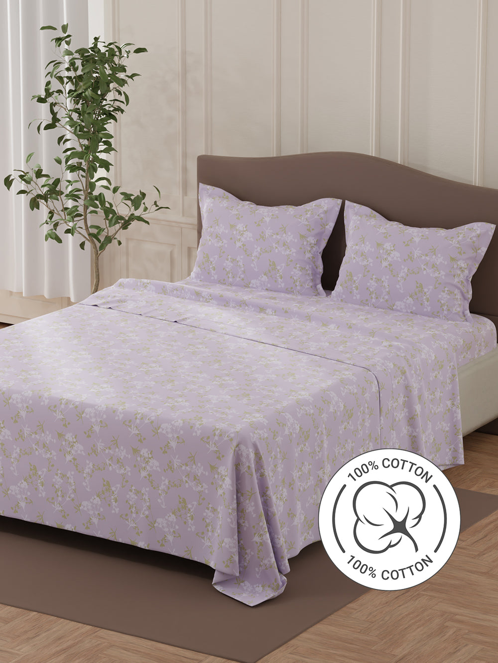 Lumina Floret 100% Cotton 144 TC Purple Floral Double Bedsheet with 2 Pillow Covers