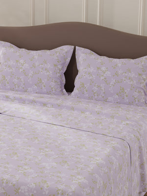 Lumina Floret 100% Cotton 144 TC Purple Floral Double Bedsheet with 2 Pillow Covers