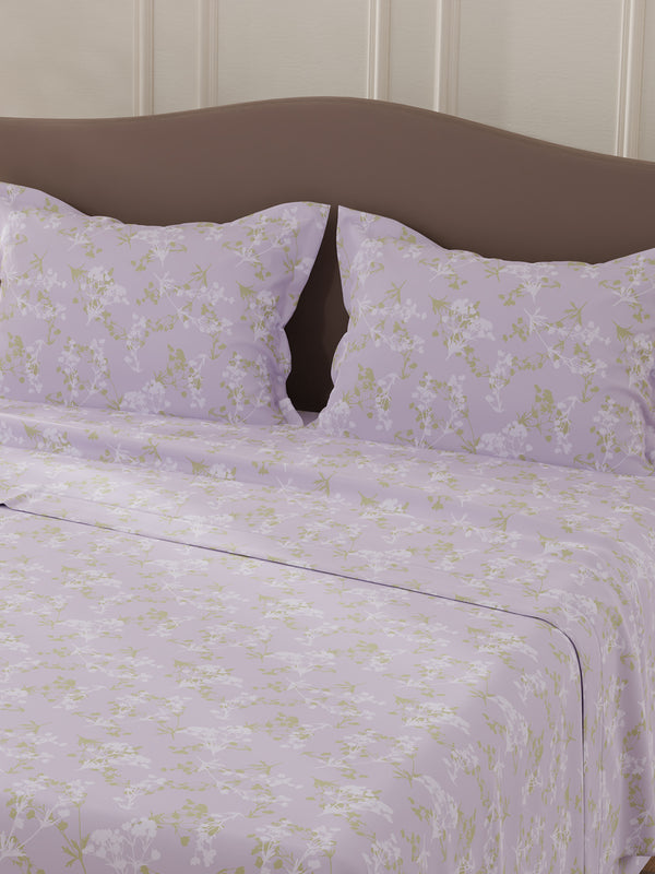 Lumina Floret 100% Cotton 144 TC Purple Floral Double Bedsheet with 2 Pillow Covers