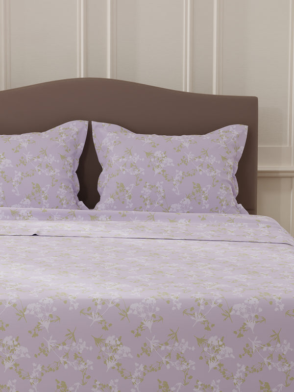 Lumina Floret 100% Cotton 144 TC Purple Floral Double Bedsheet with 2 Pillow Covers