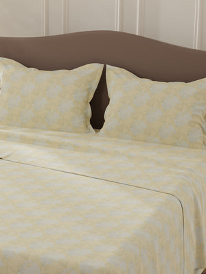 Lumina Floret 100% Cotton 144 TC Yellow & Grey Floral Double Bedsheet with 2 Pillow Covers