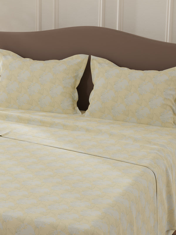 Lumina Floret 100% Cotton 144 TC Yellow & Grey Floral Double Bedsheet with 2 Pillow Covers