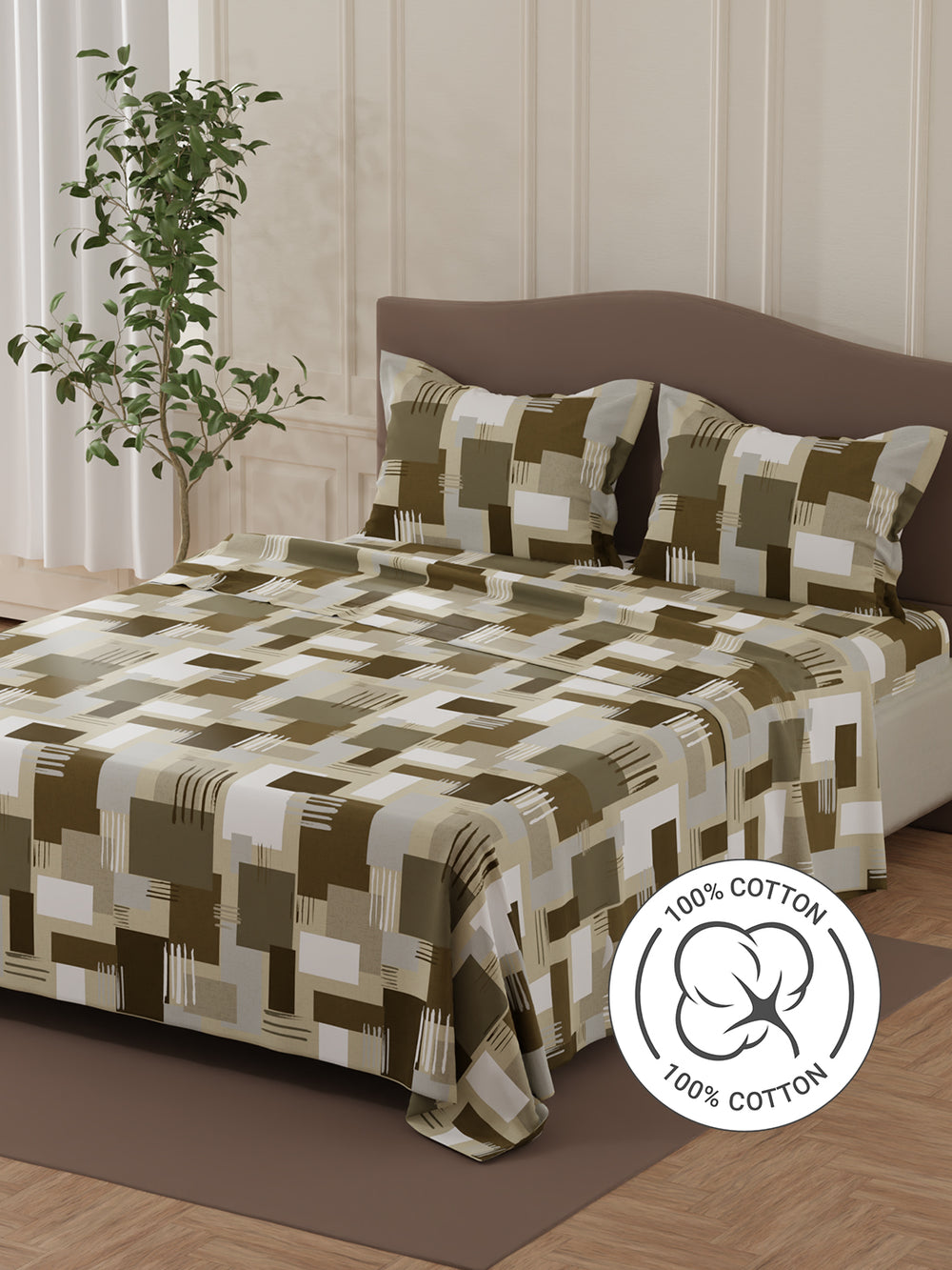 Lumina Floret 100% Cotton 144 TC Grey Geometric Double Bedsheet with 2 Pillow Covers