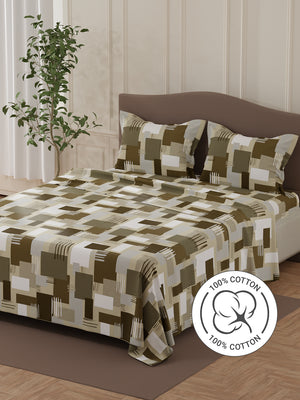 Lumina Floret 100% Cotton 144 TC Grey Geometric Double Bedsheet with 2 Pillow Covers