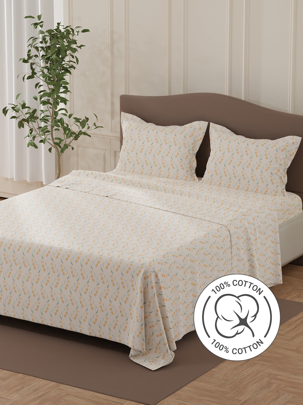 Lumina Floret 100% Cotton 144 TC Cream Floral Double Bedsheet with 2 Pillow Covers
