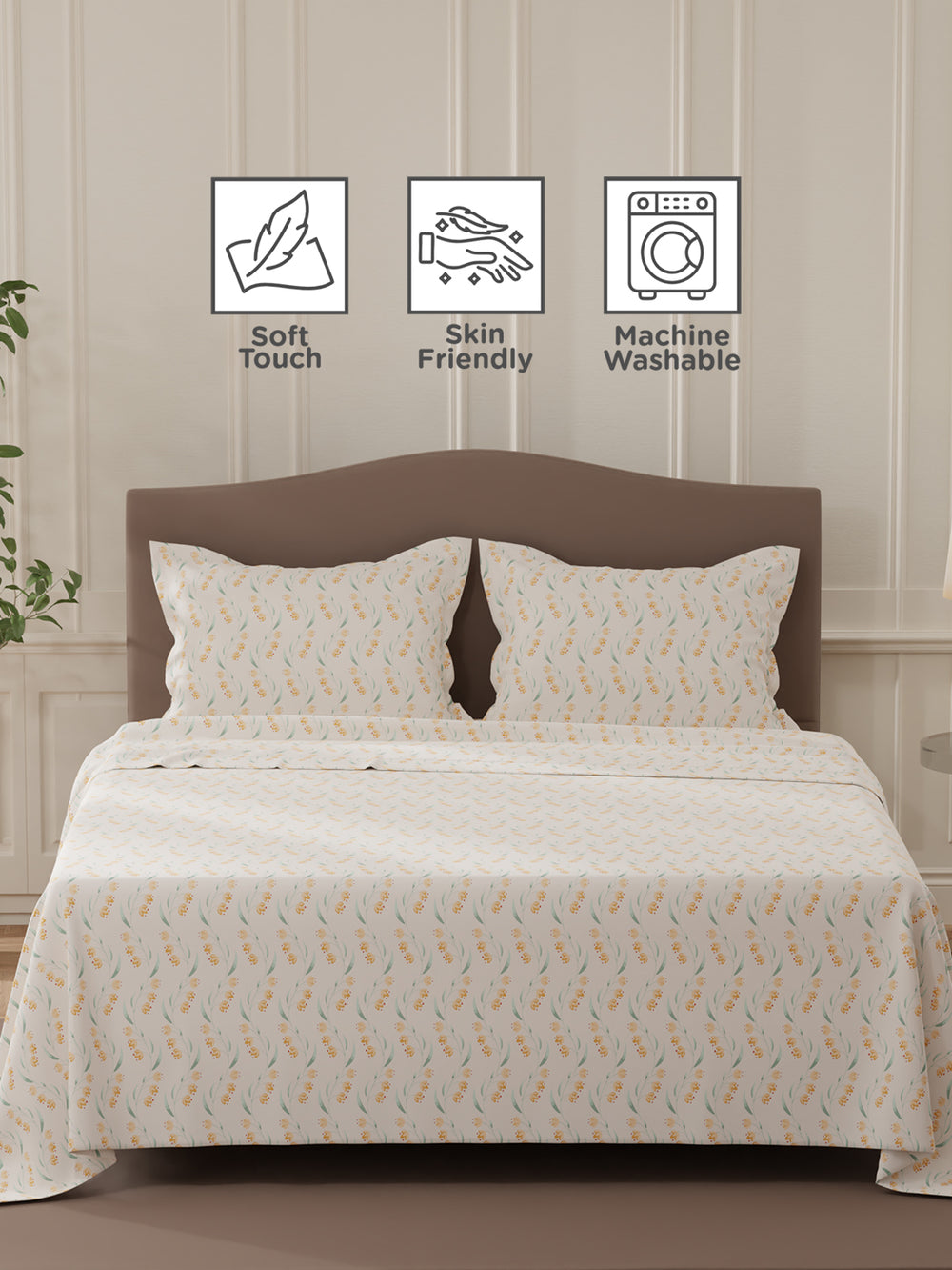 Lumina Floret 100% Cotton 144 TC Cream Floral Double Bedsheet with 2 Pillow Covers
