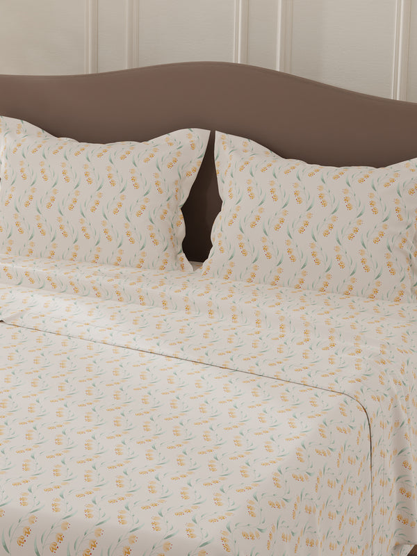Lumina Floret 100% Cotton 144 TC Cream Floral Double Bedsheet with 2 Pillow Covers