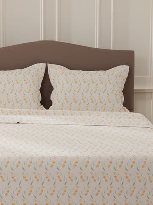 Lumina Floret 100% Cotton 144 TC Cream Floral Double Bedsheet with 2 Pillow Covers