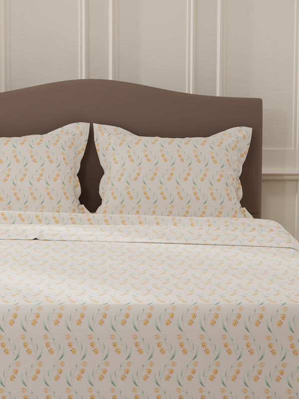 Lumina Floret 100% Cotton 144 TC Cream Floral Double Bedsheet with 2 Pillow Covers