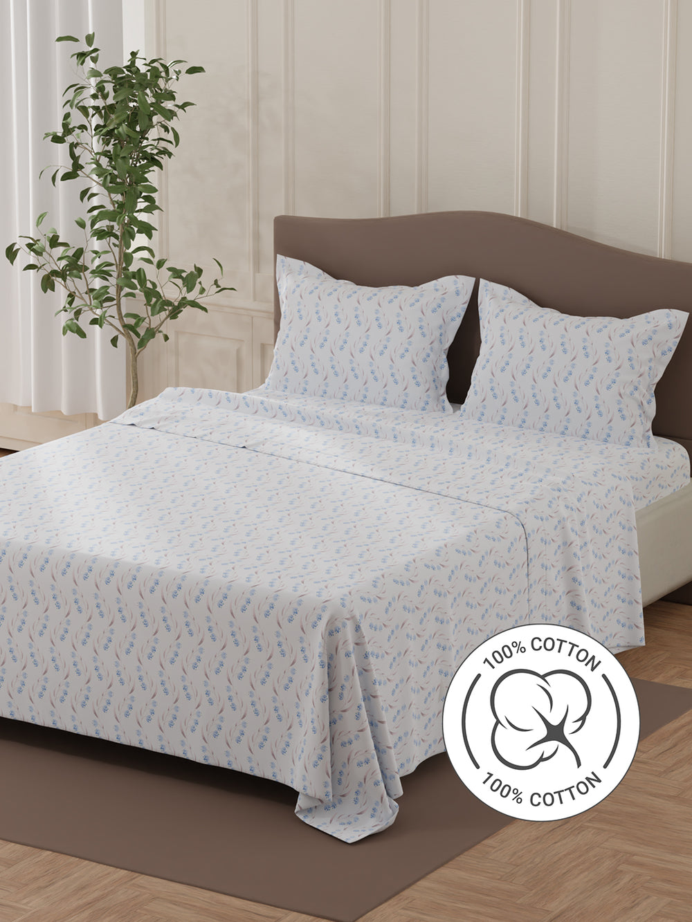 Lumina Floret 100% Cotton 144 TC Blue Floral Double Bedsheet with 2 Pillow Covers