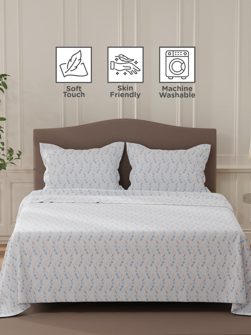 Lumina Floret 100% Cotton 144 TC Blue Floral Double Bedsheet with 2 Pillow Covers