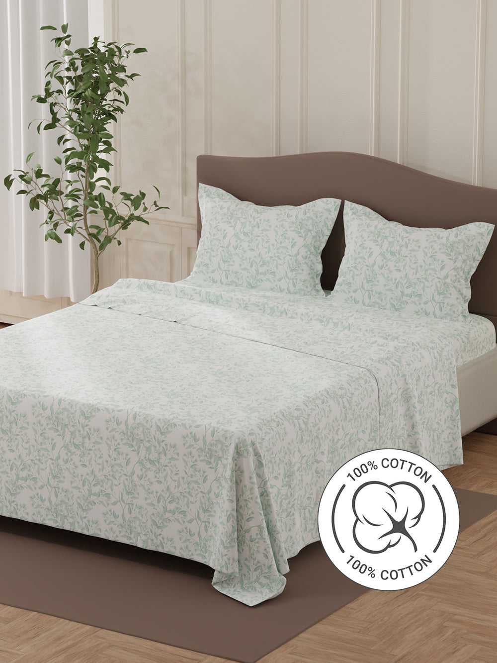Lumina Floret 100% Cotton 144 TC Green & White Floral Double Bedsheet with 2 Pillow Covers