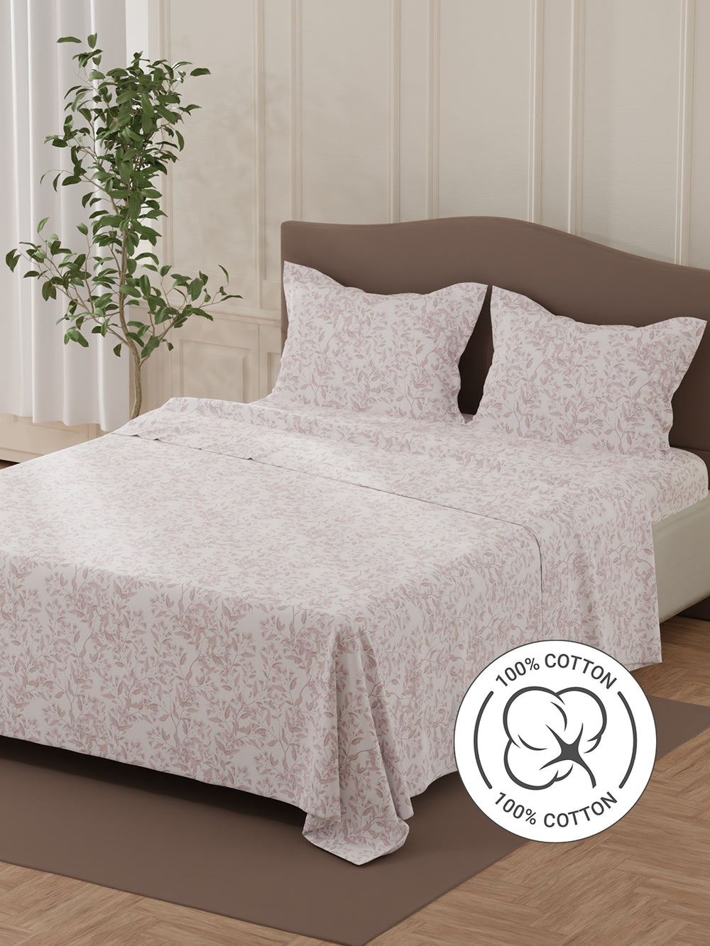 Lumina Floret 100% Cotton 144 TC Purple & White Floral Double Bedsheet with 2 Pillow Covers