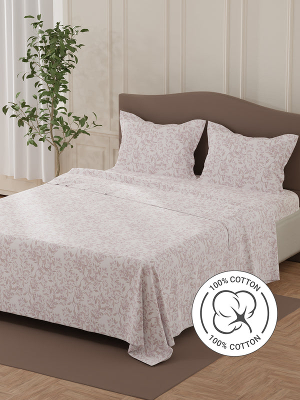 Lumina Floret 100% Cotton 144 TC Purple & White Floral Double Bedsheet with 2 Pillow Covers