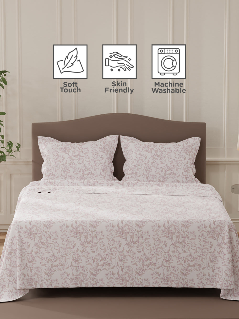 Lumina Floret 100% Cotton 144 TC Purple & White Floral Double Bedsheet with 2 Pillow Covers