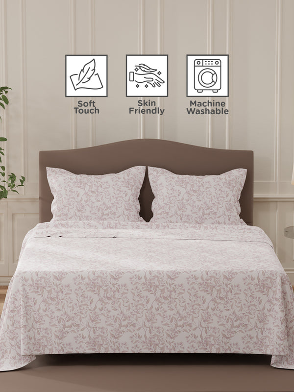 Lumina Floret 100% Cotton 144 TC Purple & White Floral Double Bedsheet with 2 Pillow Covers