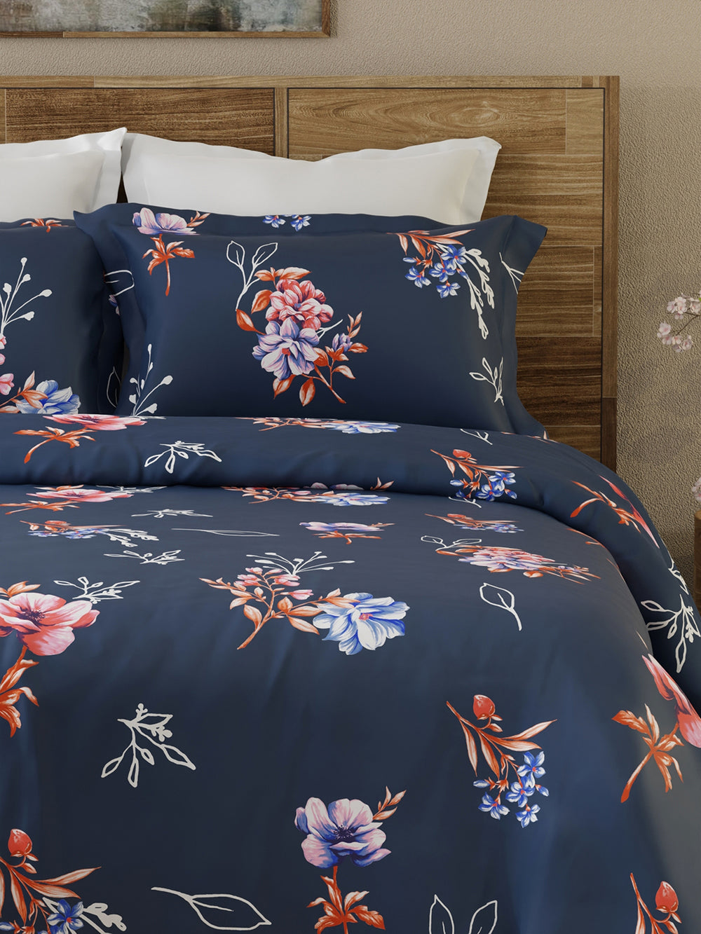 Lumina Floret 100% Cotton 144 TC Navy Blue Floral Double Bedsheet with 2 Pillow Covers