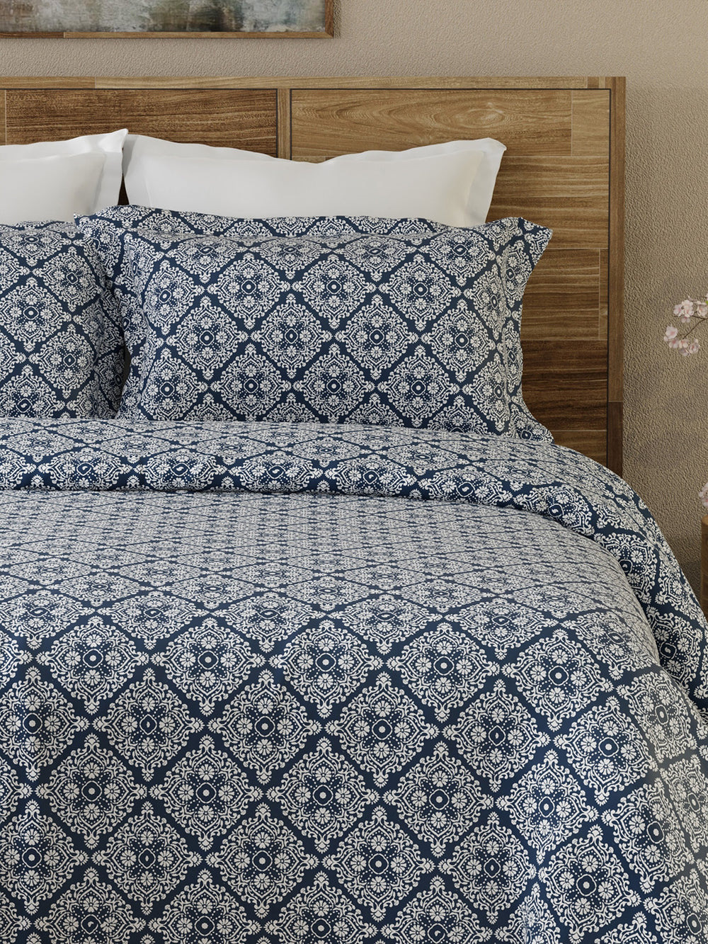 Lumina Floret 100% Cotton 144 TC Navy Blue Ethnic Print Double Bedsheet with 2 Pillow Covers