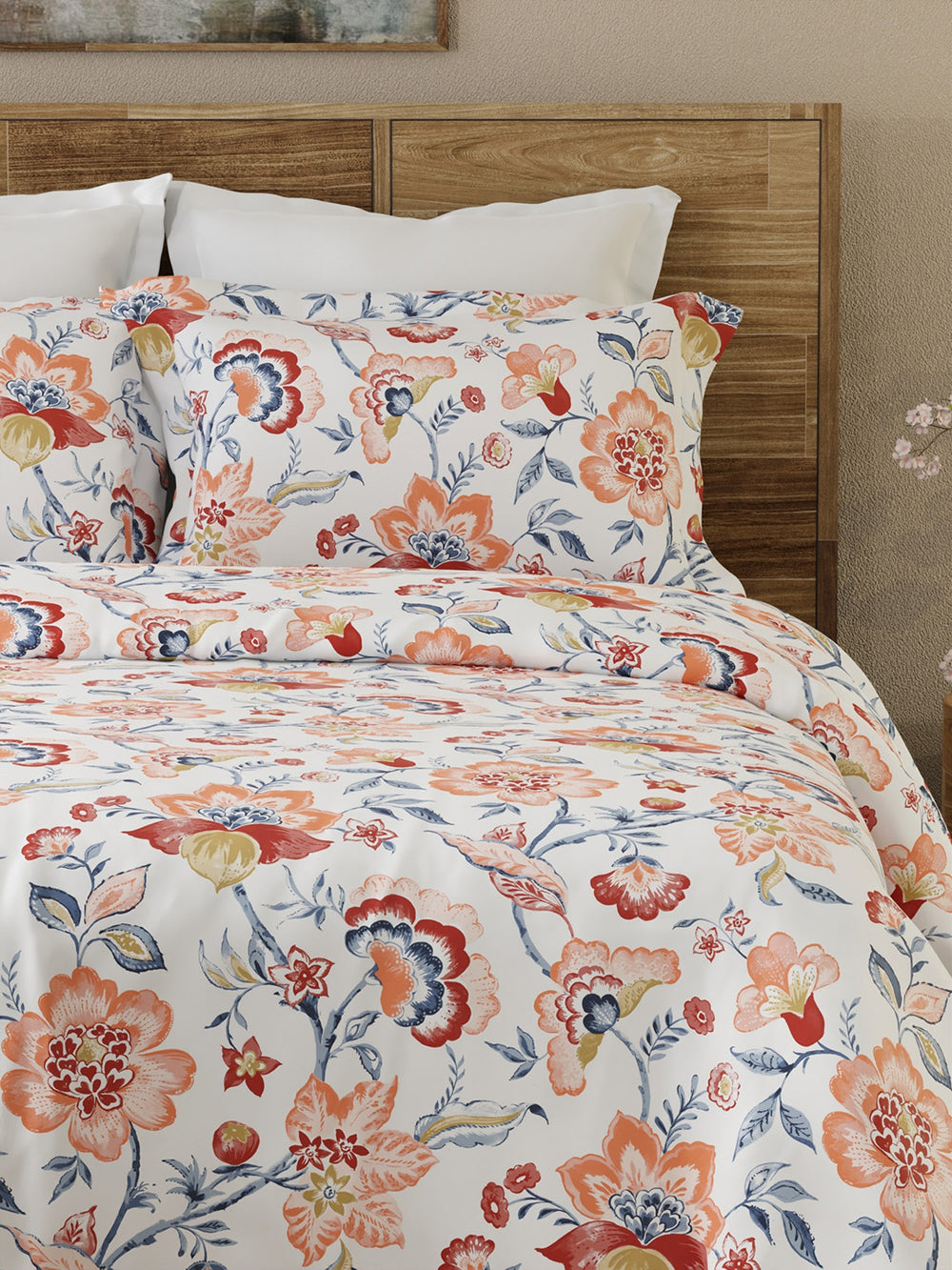 Lumina Floret 100% Cotton 144 TC White & Orange Floral Bedsheet with 2 Pillow Covers