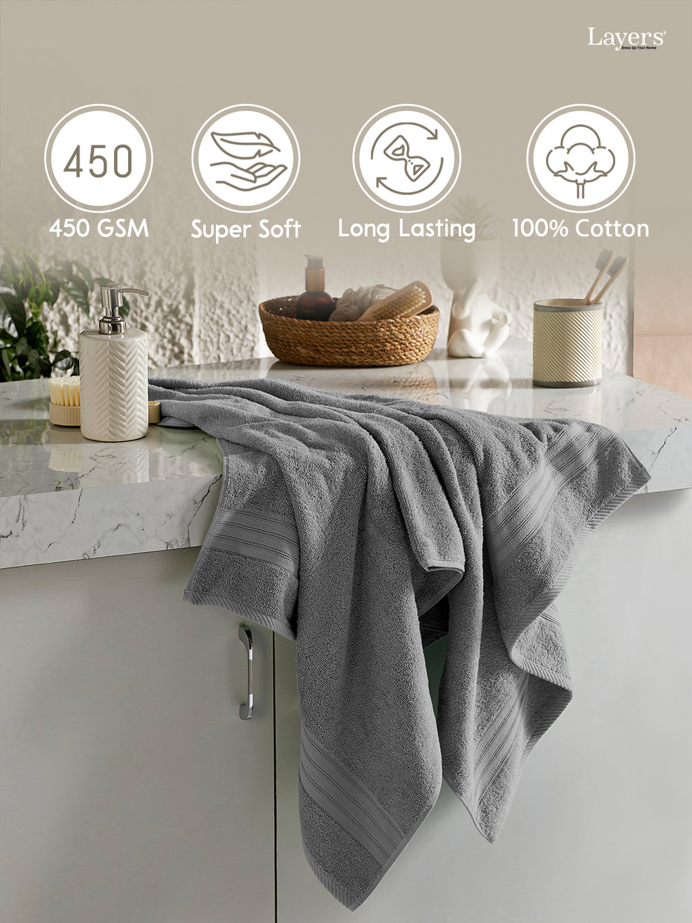 Home Easy 100% Cotton 450 GSM Grey Bath Towel - Pack of 1