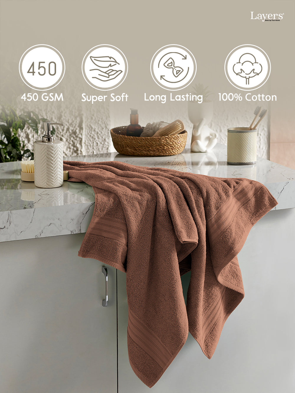 Home Easy 100% Cotton 450 GSM Brown Bath Towel - Pack of 1