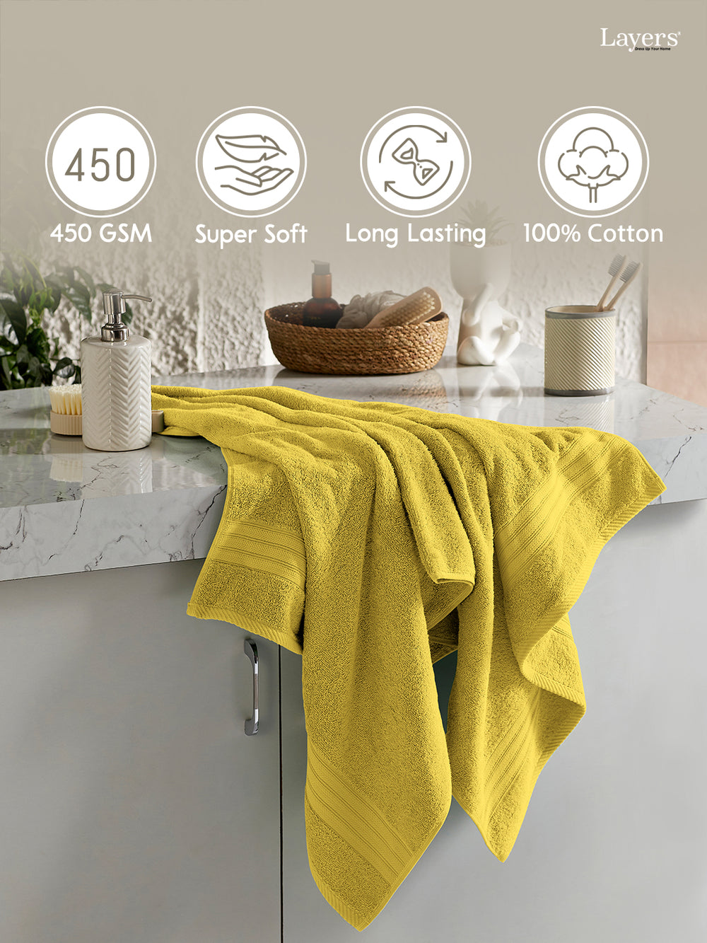 Home Easy 100% Cotton 450 GSM Yellow Bath Towel - Pack of 1