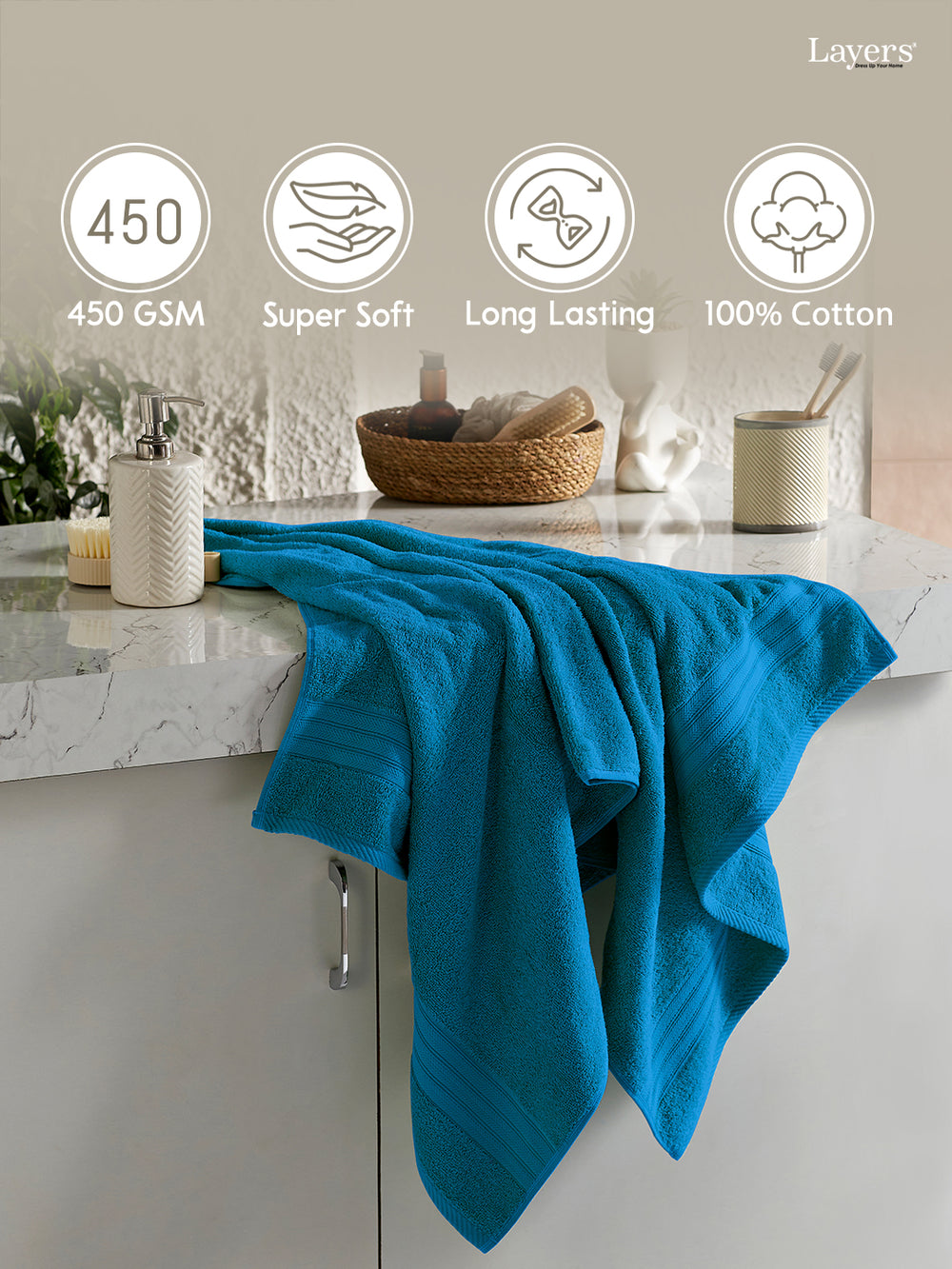 Home Easy 100% Cotton 450 GSM Blue Bath Towel - Pack of 1