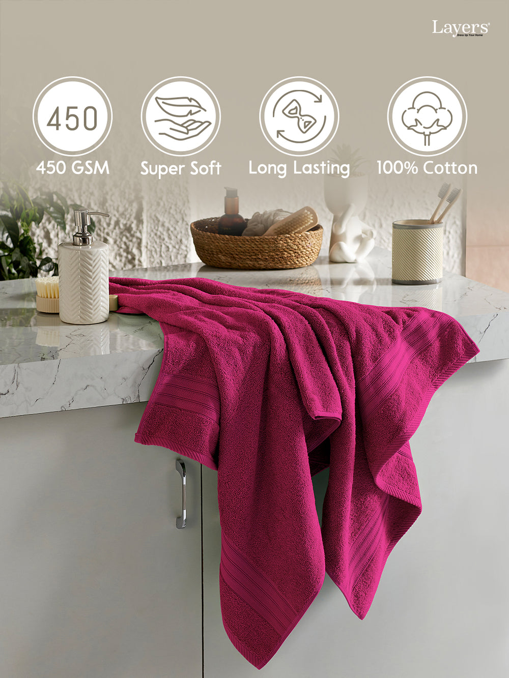 Home Easy 100% Cotton 450 GSM Pink Bath Towel - Pack of 1