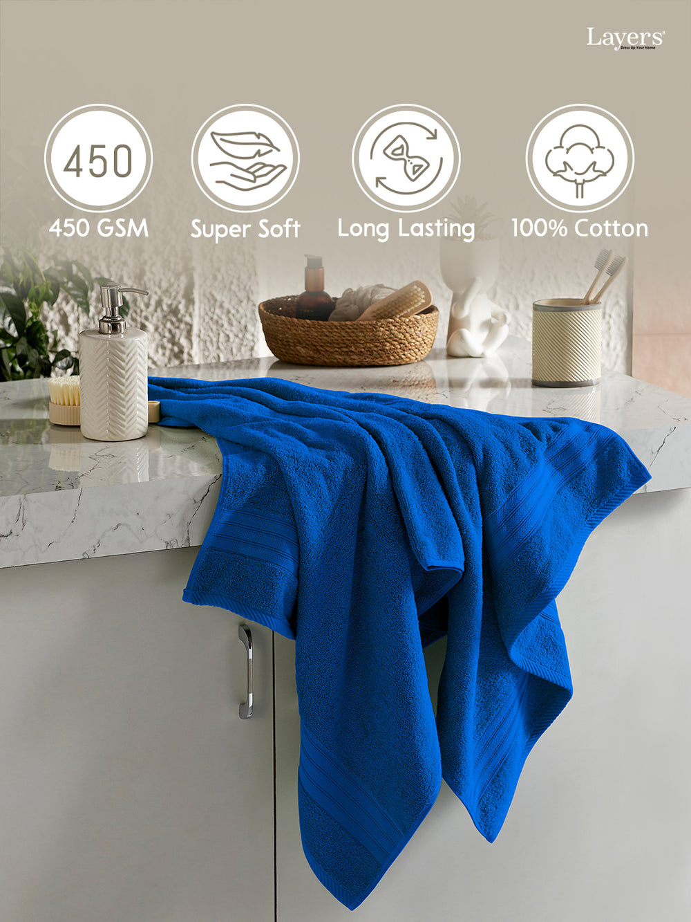 Home Easy 100% Cotton 450 GSM Blue Bath Towel - Pack of 1