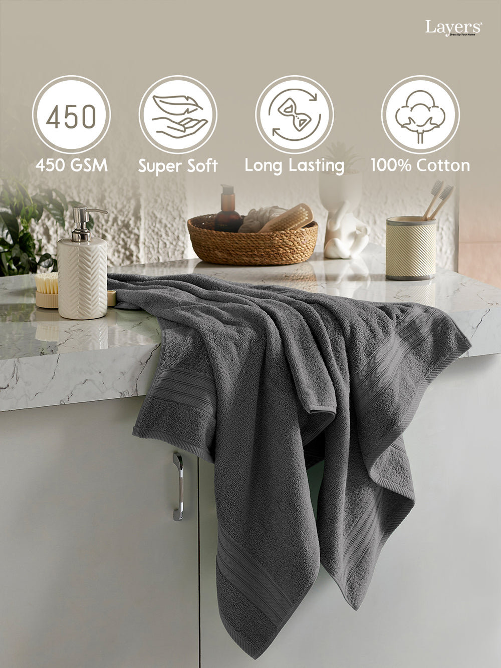 Home Easy 100% Cotton 450 GSM Grey Bath Towel - Pack of 1
