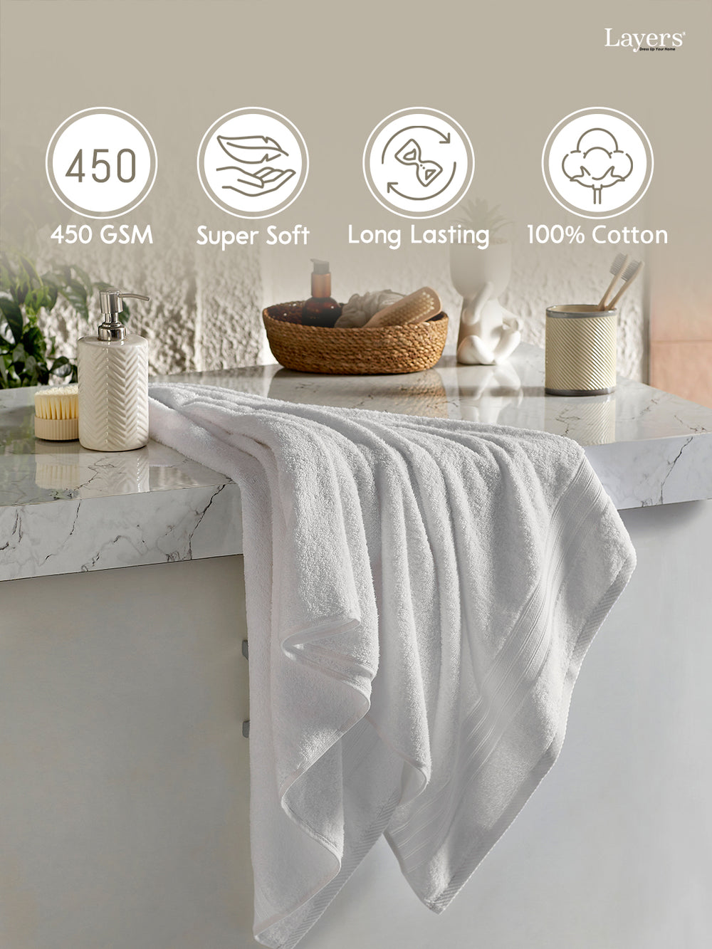Be Bold 100% Cotton 450 GSM White Solid Bath Towel - Pack of 1