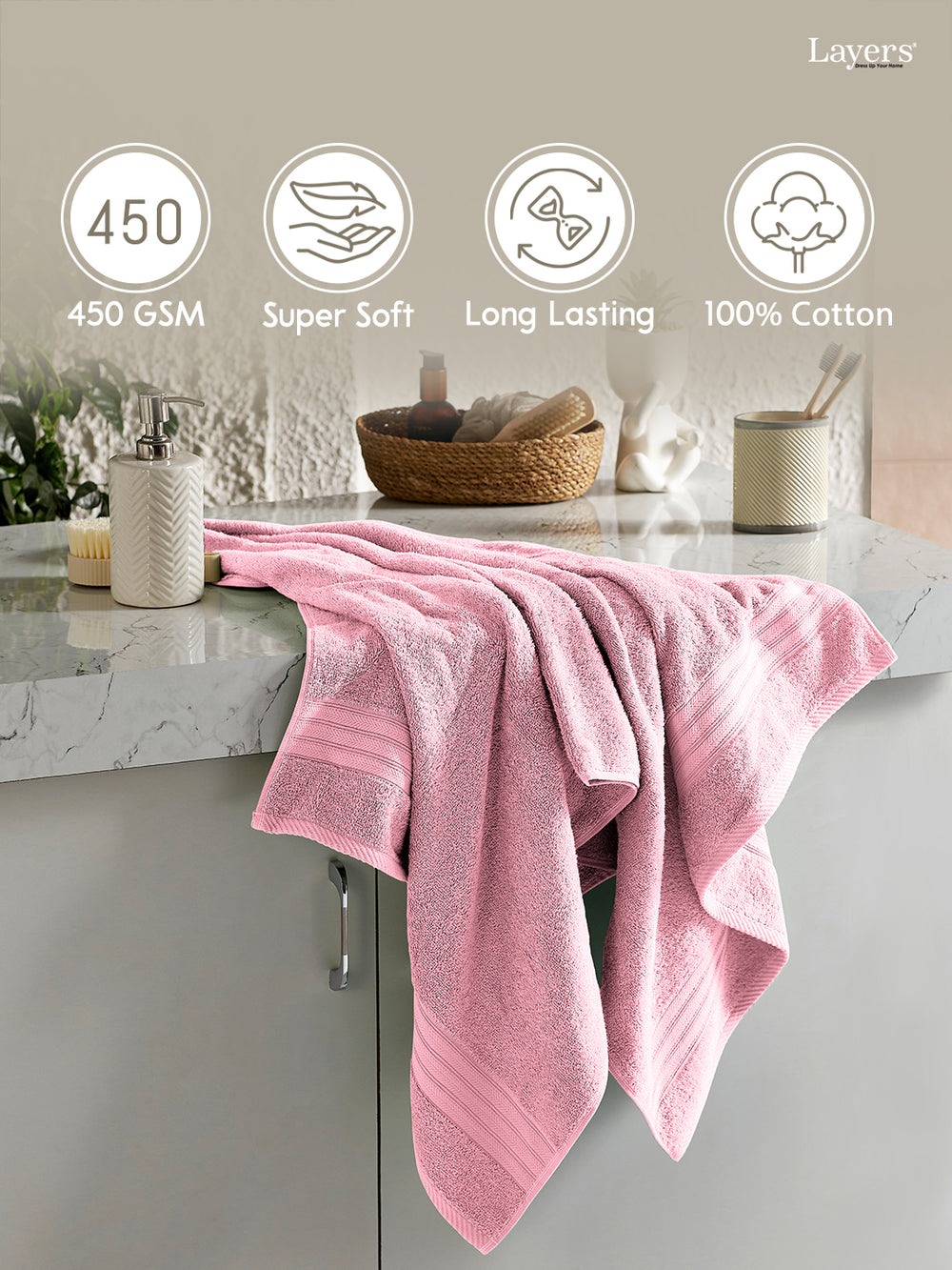 Be Bold 100% Cotton 450 GSM Pink Solid Bath Towel - Pack of 1