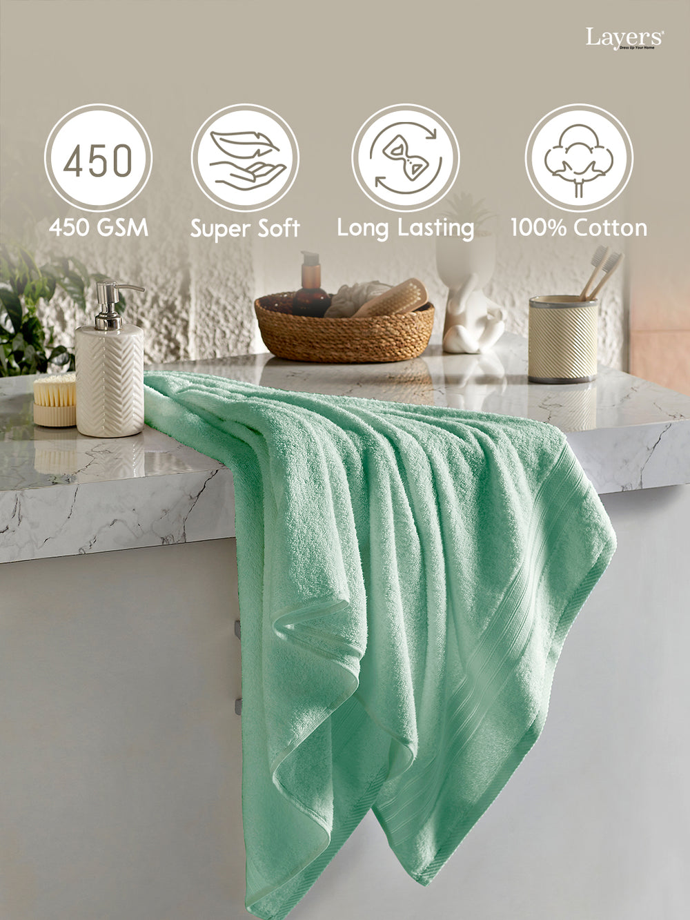 Be Bold 100% Cotton 450 GSM Green Solid Bath Towel - Pack of 1