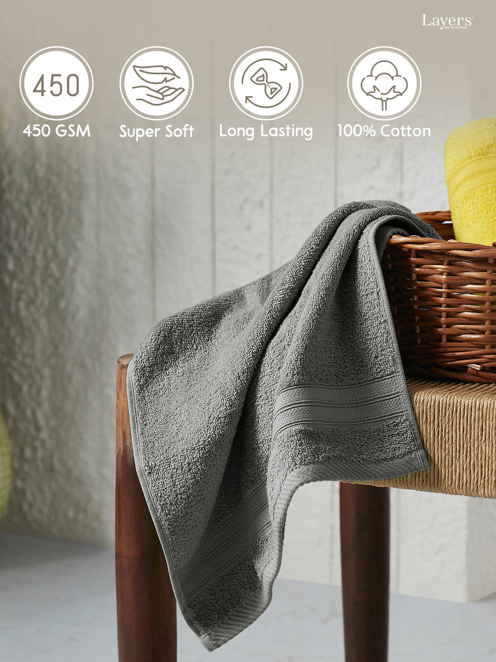 Be Bold 100% Cotton 450 GSM Grey Solid Hand Towels - Set of 2